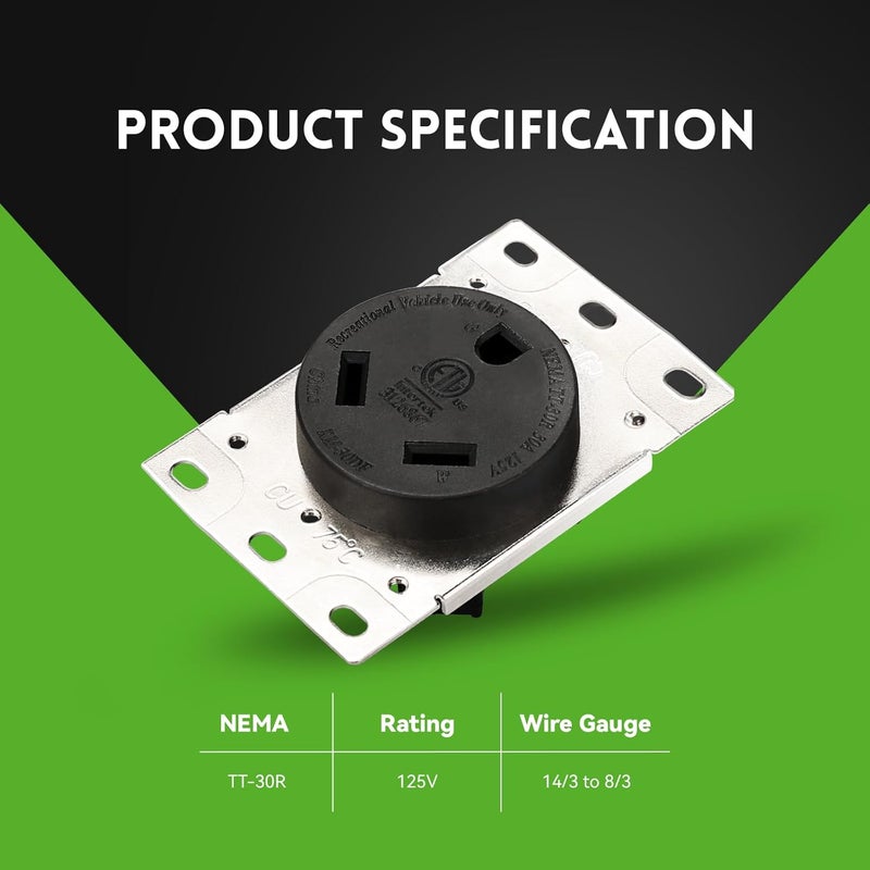 PLUGTUL 30 Amp RV Receptacle, NEMA TT-30R Outlet, Flush Mounting, Straight Blade, Industrial Grade, 30 Amp, 125 Volt, ETL Listed - Image 2